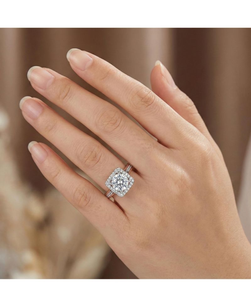 Unique Sterling Silver Square Halo CZ Pave Band Ring
