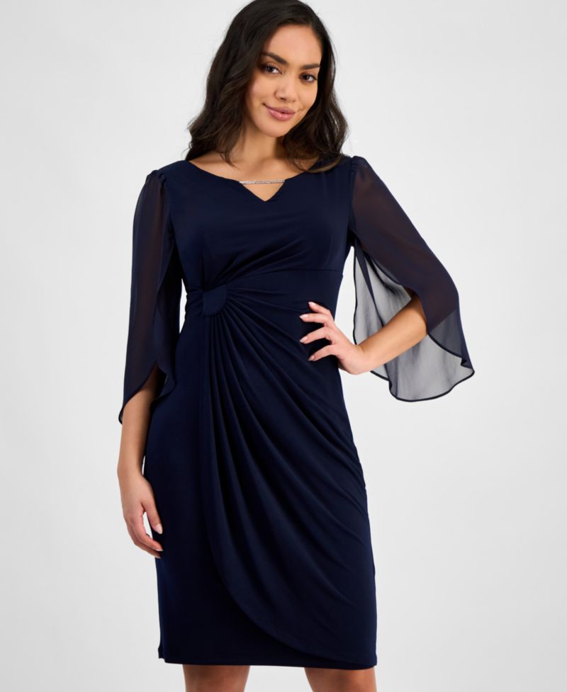 Petite Chain-Detail Sheer-Sleeve Sheath Dress