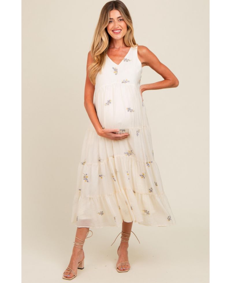 Women's Lavender Ditsy Floral Embroidered V Neck Tiered Dress