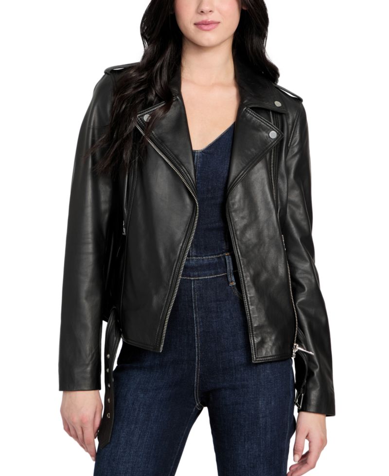 Women's Asymmetric Belted Leather Moto Jacket, Created for Macy's