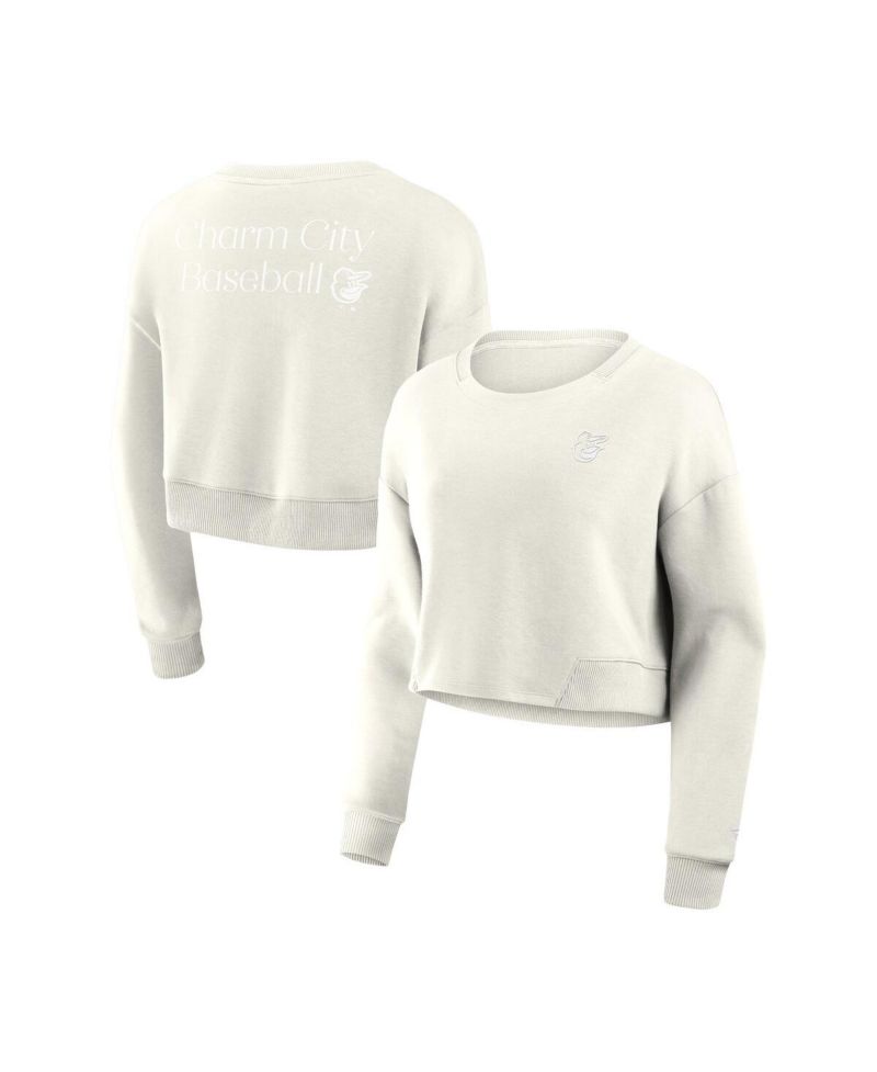Women's Cream Baltimore Orioles Relax Studio Cropped Pullover Sweatshirt