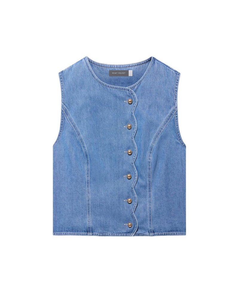 Women's Sleeveless Scallop Detail Denim Waistcoat