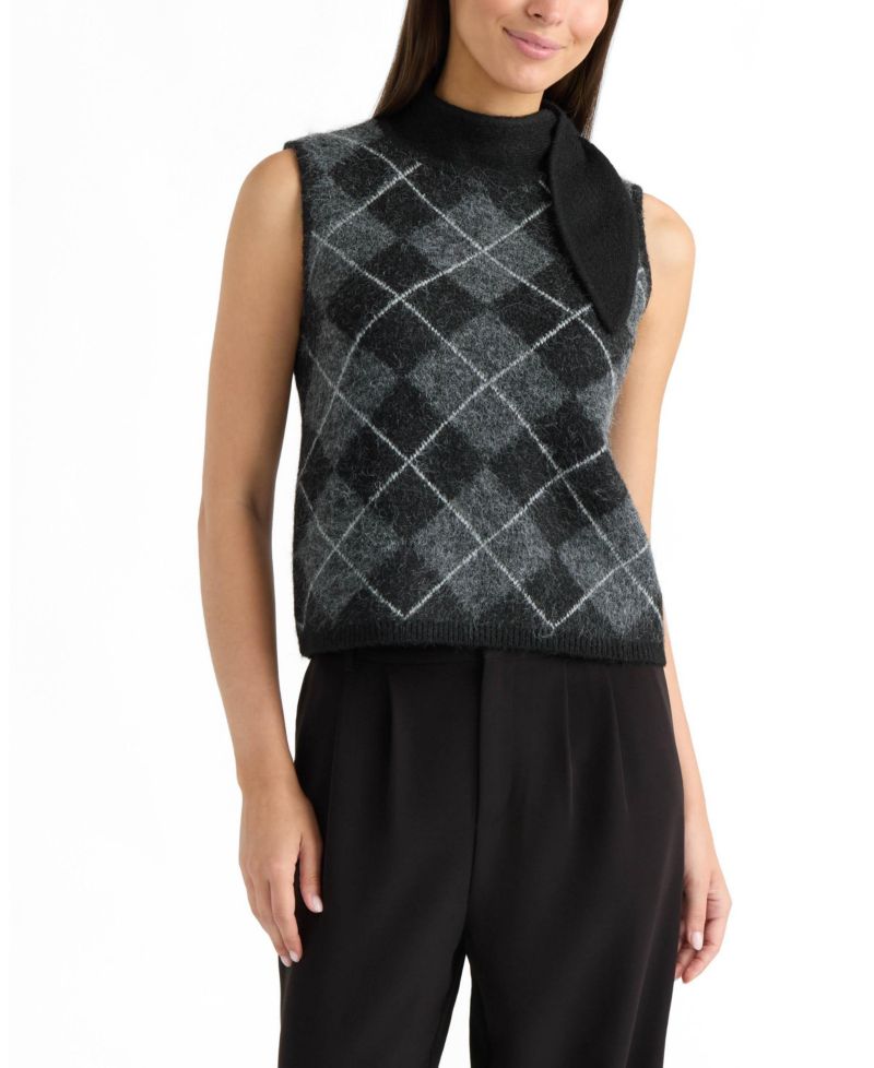 Women's Argyle Sleeveless Mock Neck Sweater Top