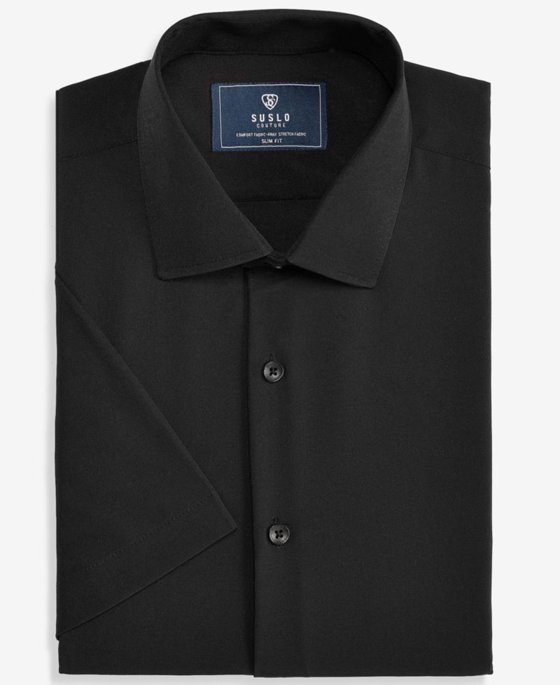 Men's Slim-Fit Four-Way Stretch Solid Short-Sleeve Dress Shirt