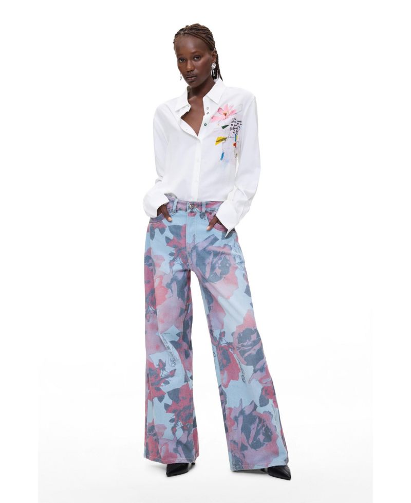 Women's Floral-Print High-Waisted Wide-Leg Jeans