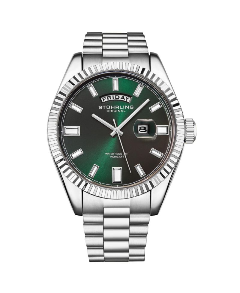 Statesman 4070 Men s Watch – Stainless Steel Bracelet, Green Dial, Day-Date Quartz, 42mm Fluted Bezel