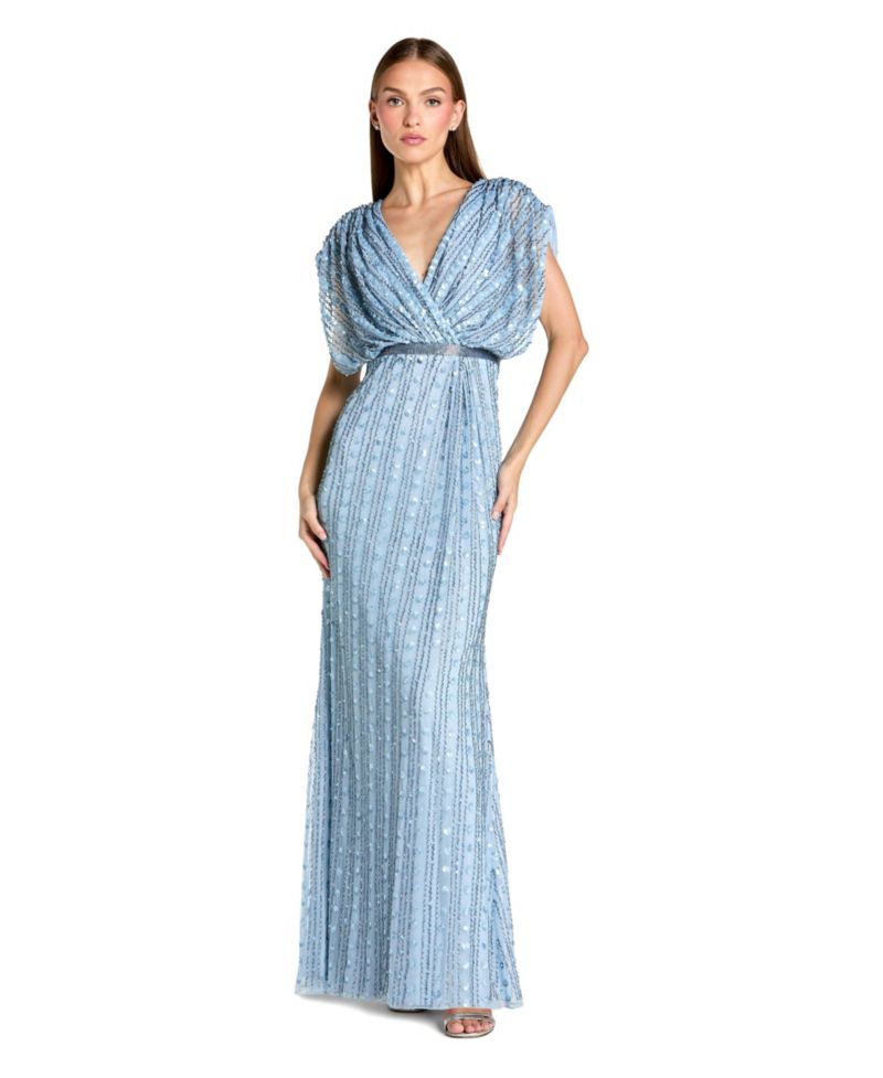 Women's Beaded Mesh Blouson V Neck Column Gown