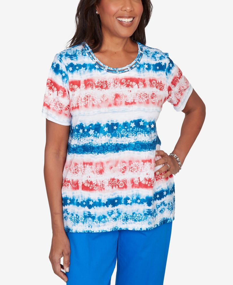Women's Lady Liberty Americana Tie Dye Stripes Crewneck T-Shirt