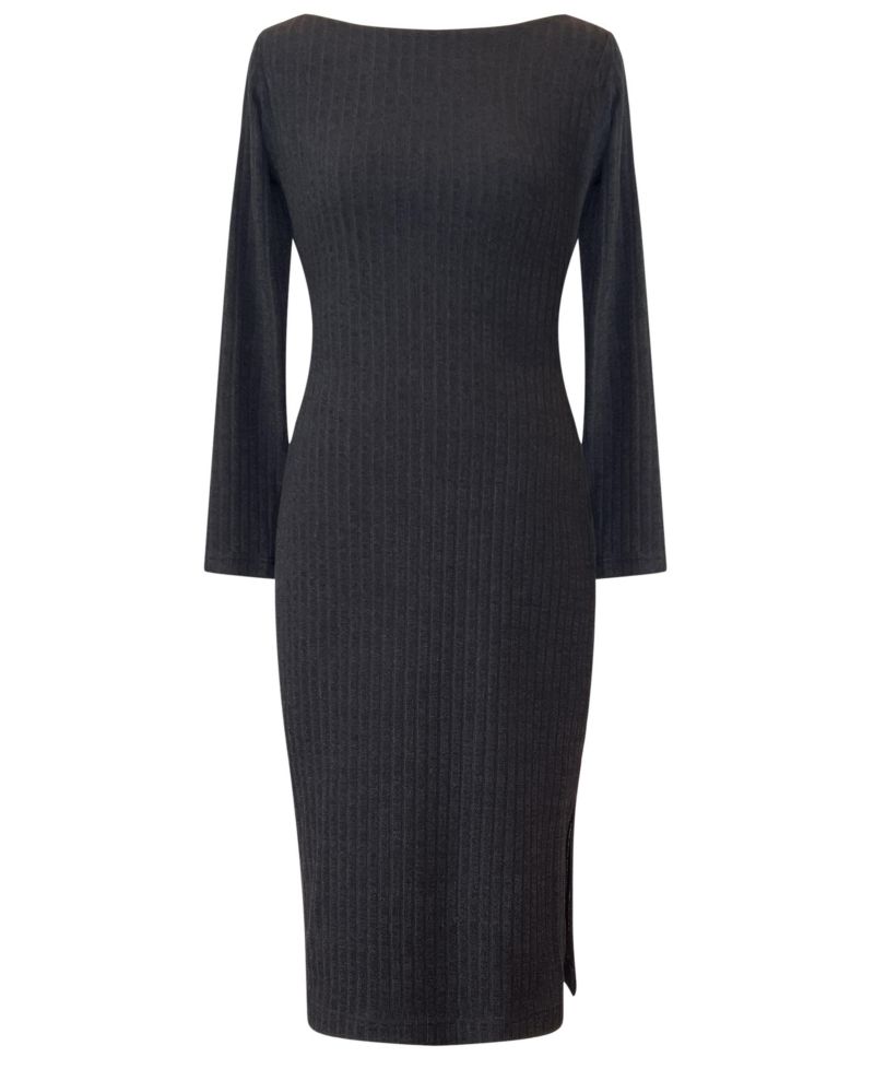 Women's Ribbed Long-Sleeve Boat-Neck Midi Dress