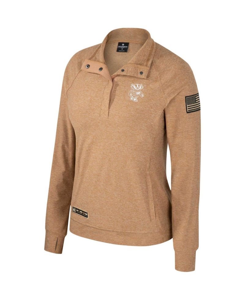 Women's Tan Wisconsin Badgers OHT Military Appreciation Sand Tatum Quarter-Snap Raglan Jacket