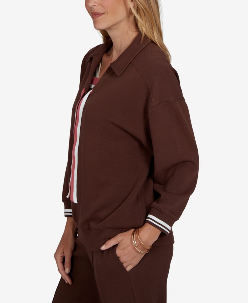 Petite Drawstring Stripe-Trim 3/4-Sleeve Pullover Top
