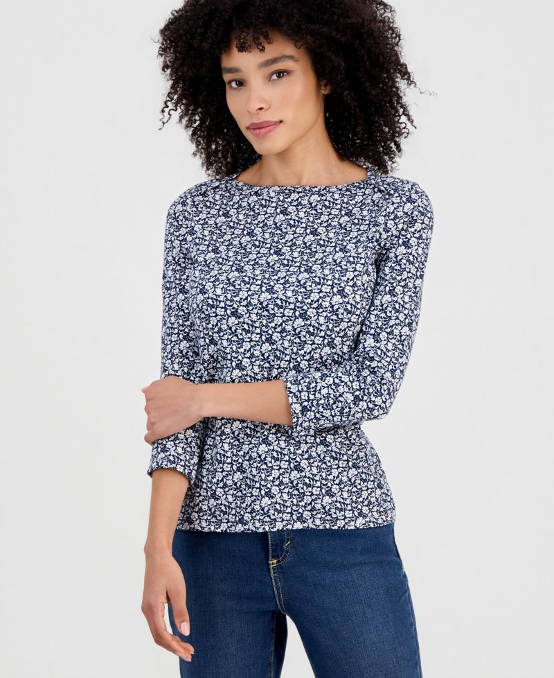 Petite Cotton Boat-Neck 3/4-Sleeve Top, Macy's Exclusive