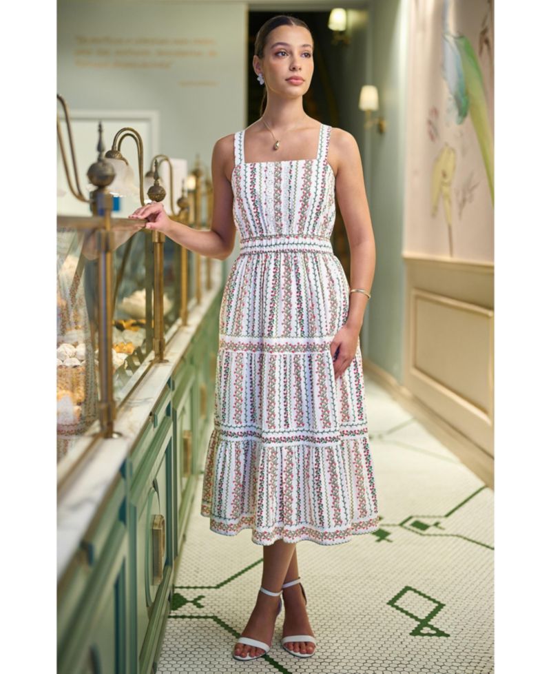 Women's Botanical Stripe Lace Trim Midi Dress
