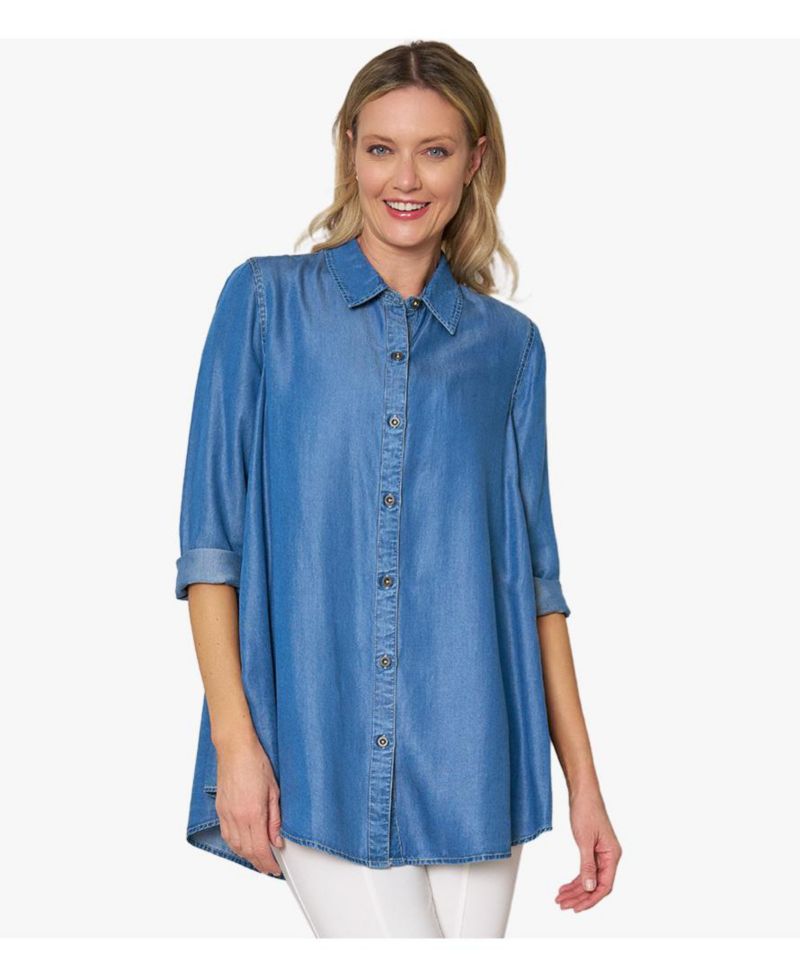 Women's Collared Denim Long Sleeve Button-Front Prime Time Tunic