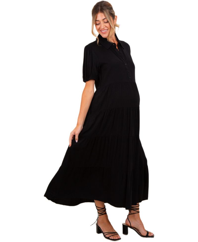 Women's Black Collared Button Down Tiered Midi Dress