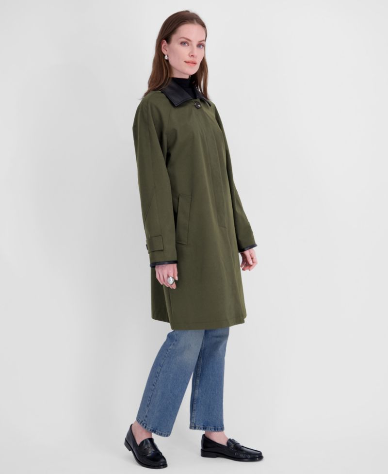 Women's Water-Resistant Faux-Leather Collared Balmacaan Coat
