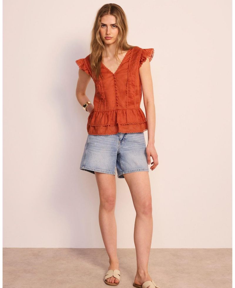 Women's V-Neck Ruffle Sleeveless Ramie Blouse
