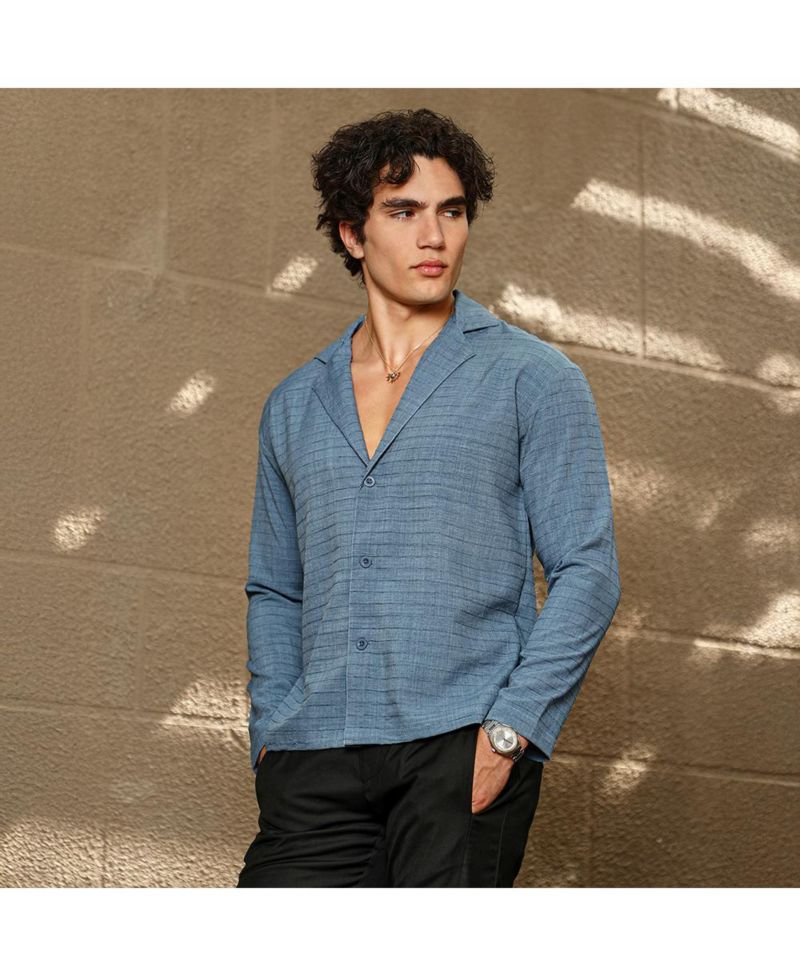 Men's Azure Blue Striped Cuban Shirt