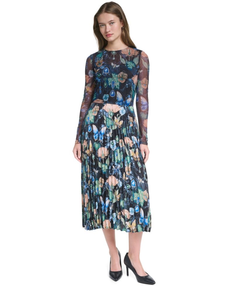 Women’s Printed Mesh Long-Sleeve Crewneck Dress