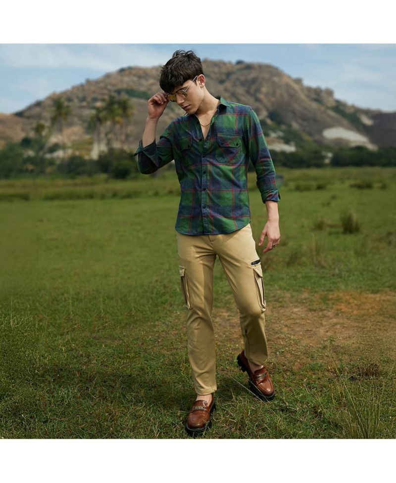 Men's Forest Green & Indigo Blue Buffalo Check Utility Shirt