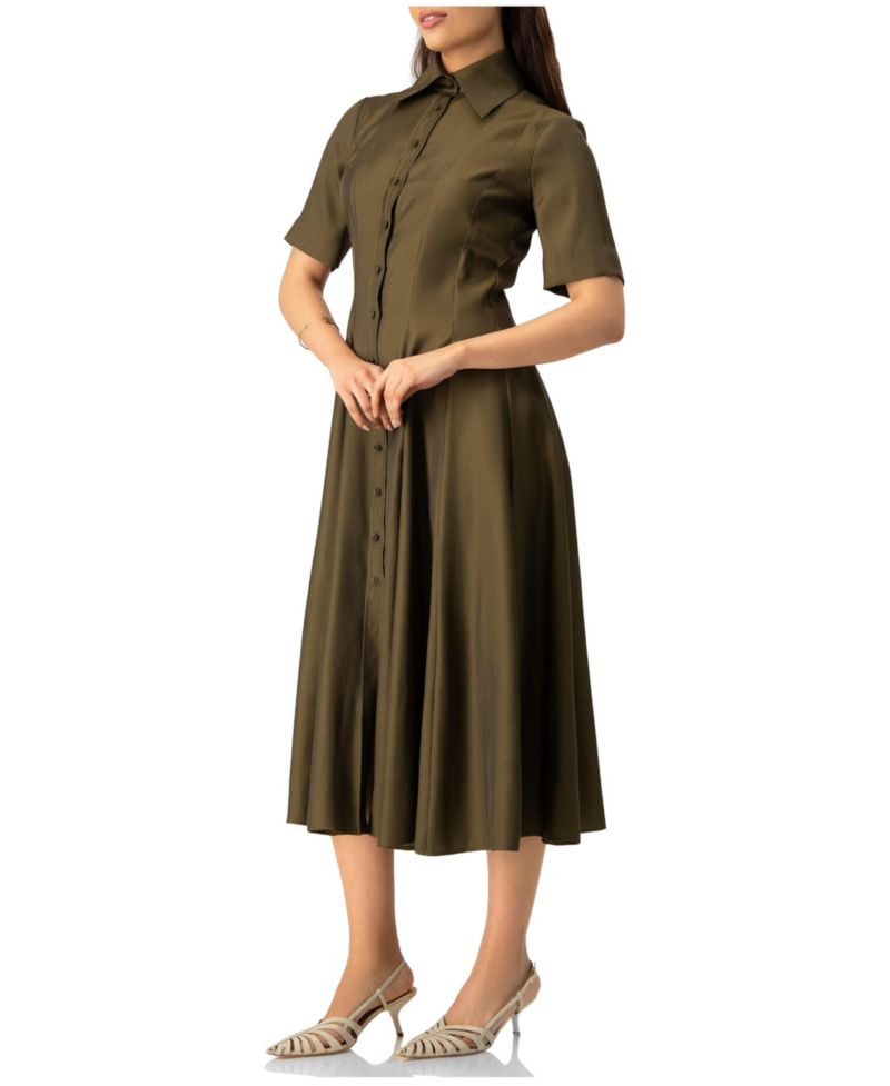 Women's Short Sleeve Midi Dress with Button-Front Fit-and-Flare Shirtdres
