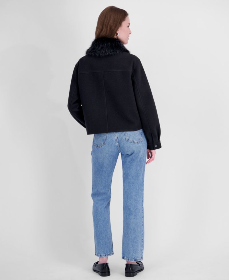 Women's Detachable Faux-Fur Collar Cropped Coat