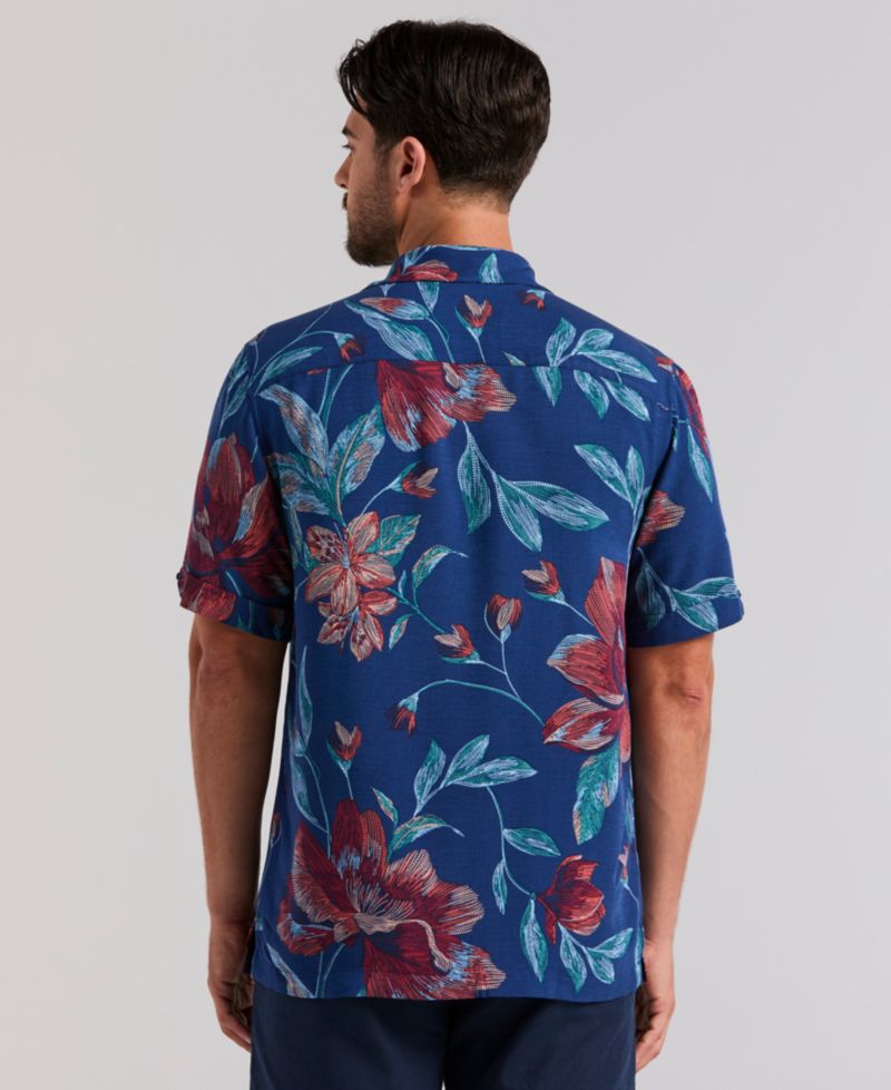 Men's Short-Sleeve Pointilism Floral Print Shirt