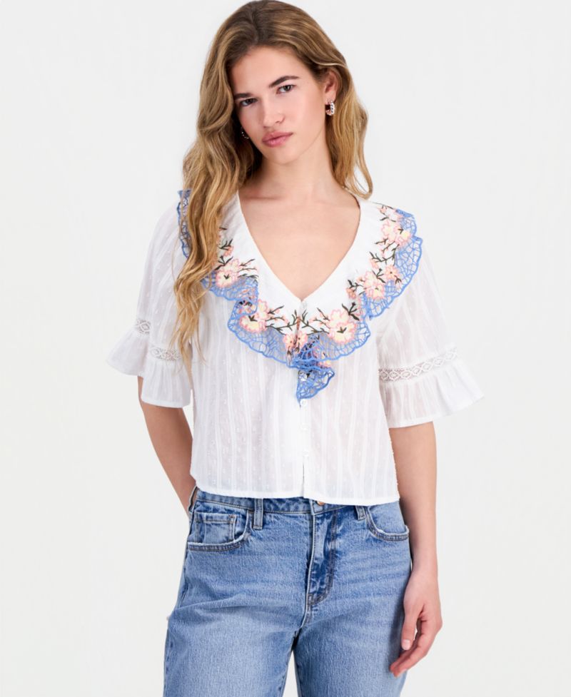 Petite Cotton Embroidered Ruffled Top