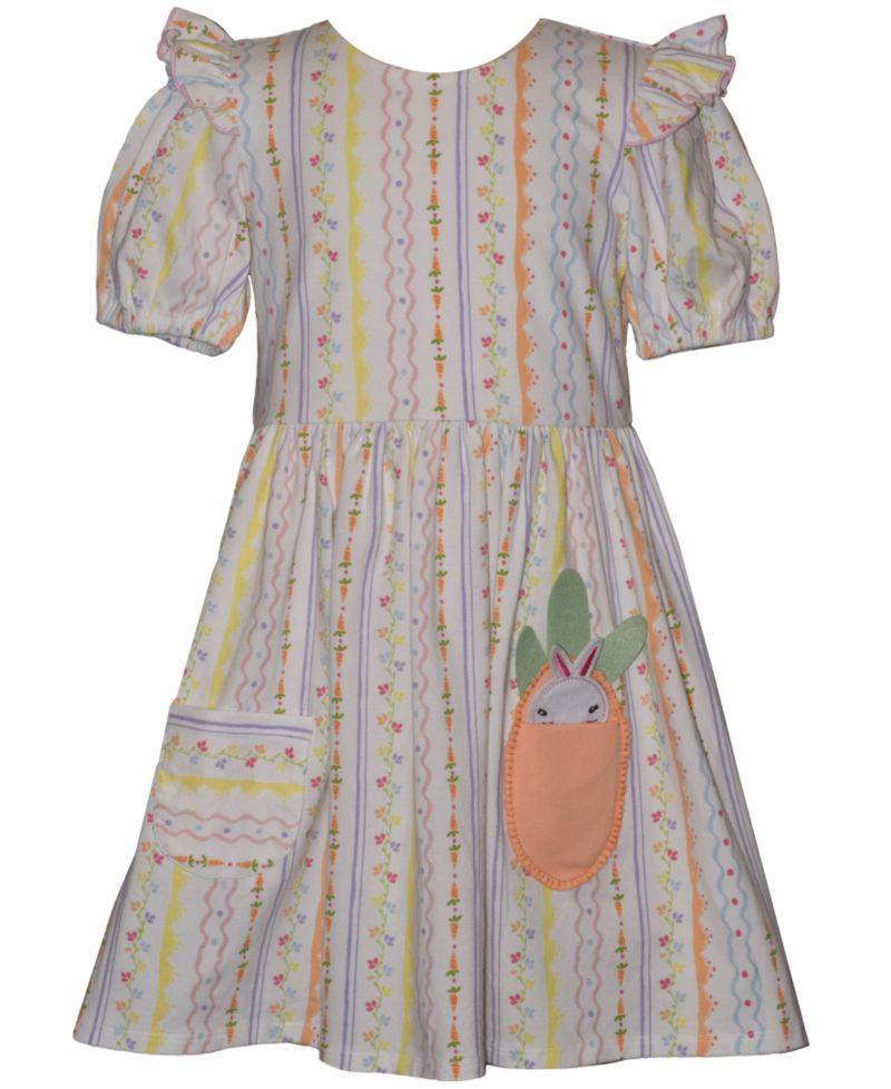 Girls' 2T-6X Short-Sleeve Bunny and Carrot Striped Pocket Dress