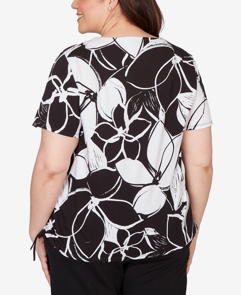 Plus Size Abstract Floral Embellished Side Tie T-Shirt