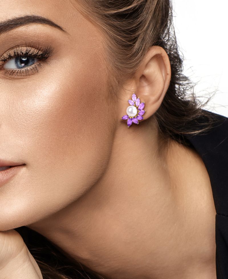 Cultured Freshwater Pearl and Amethyst Stud Earrings (6-3/4 ct. t.w.) in 18k Gold Flash Plated Sterling Silver