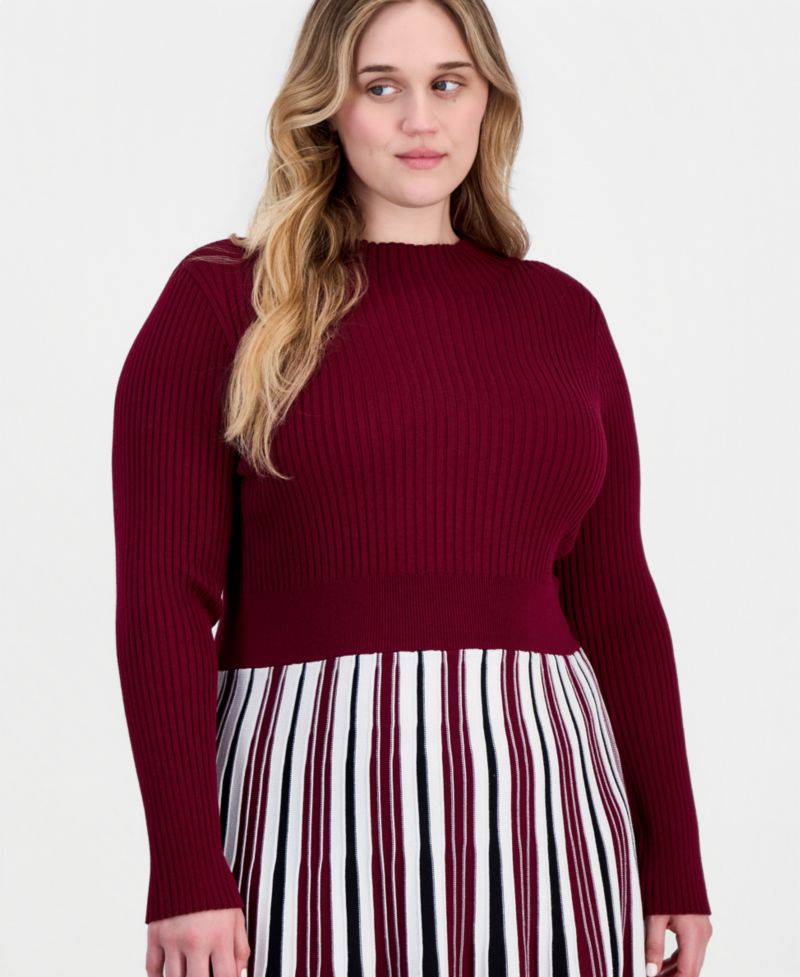 Plus Size Mock-Neck Long-Sleeve A-Line Midi Dress