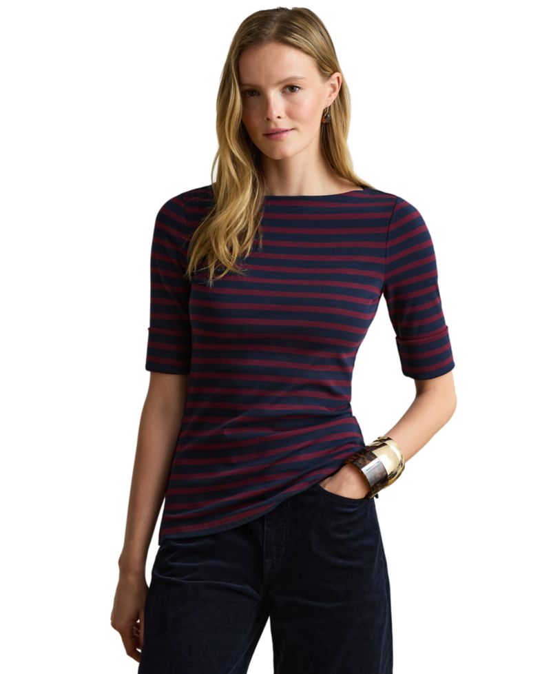 Petite Striped Stretch Cotton Boat Neck Top