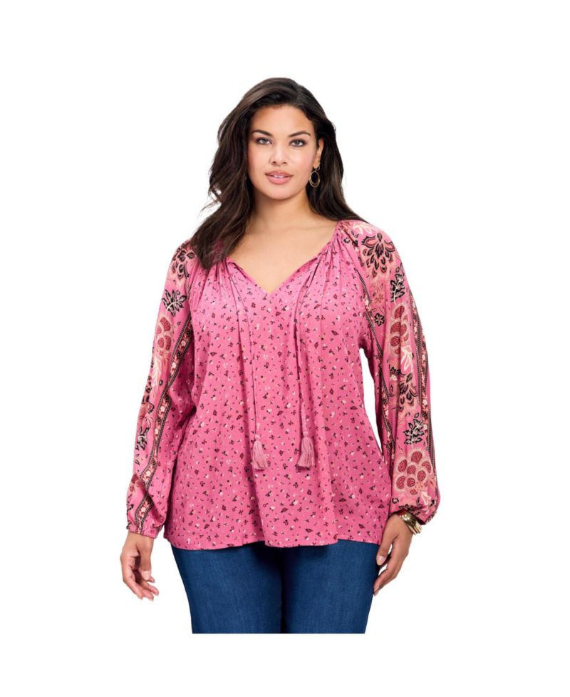 Women's Plus Size Eliana Border Print Sleeve Peasant Top