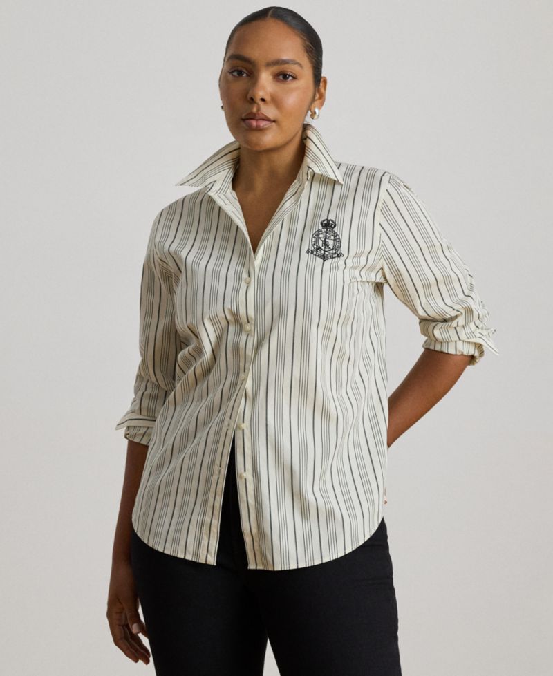 Petite Striped Collared Crest-Embroidered Shirt