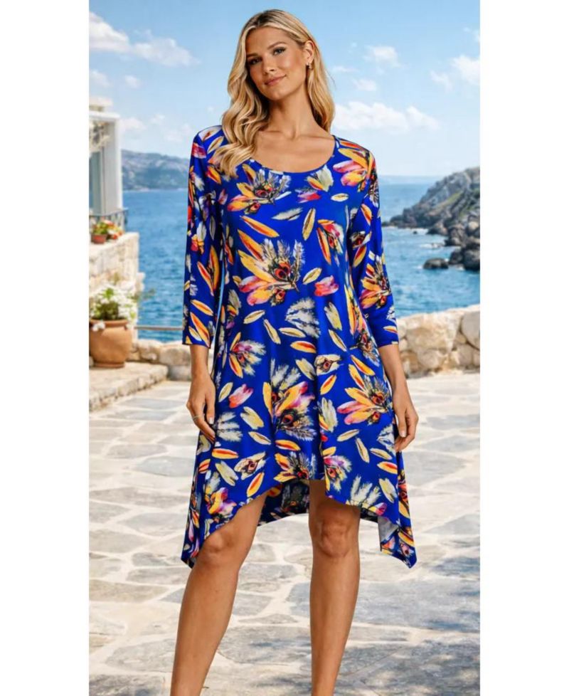 Women's Shark-Bite Asymmetrical Tropical Print Knit Resort Dress