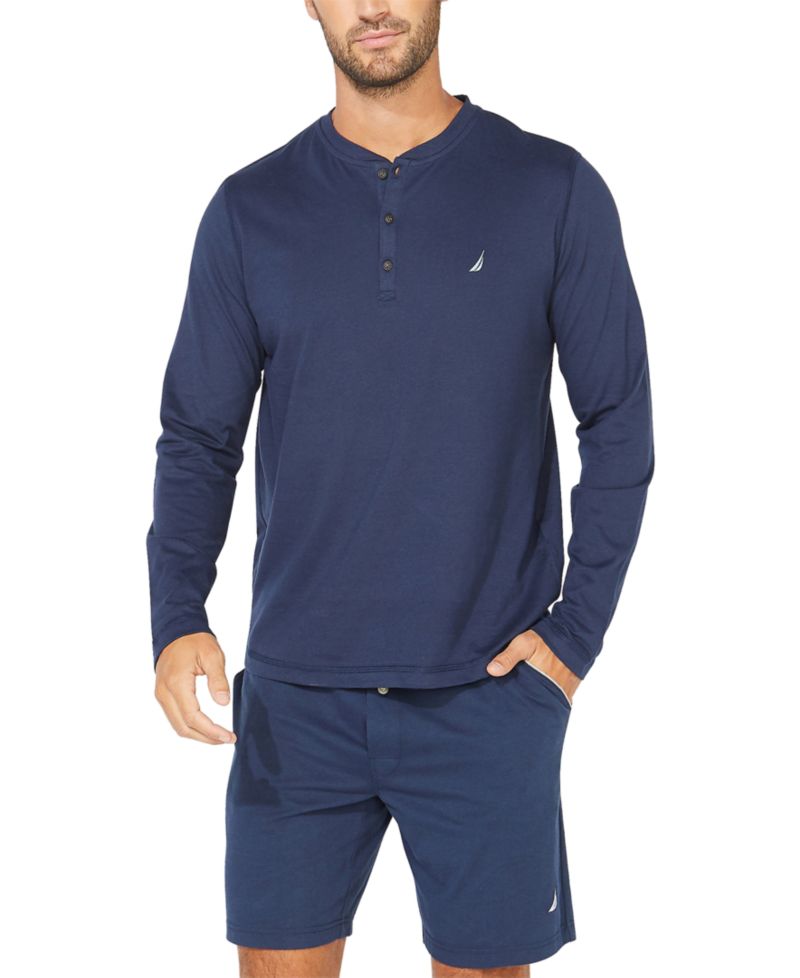 Мужская мягкая дышащая пижамная рубашка Henley с длинным рукавом