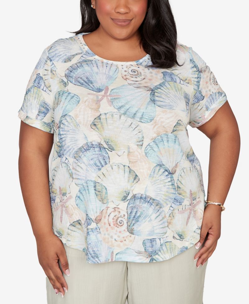 Plus Size Vintage Charm Seashells Embellished Solid T-Shirt
