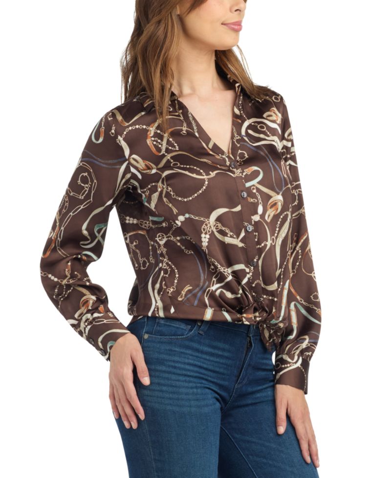 Juniors' Tie-Front Long-Sleeve Stretch Satin Blouse