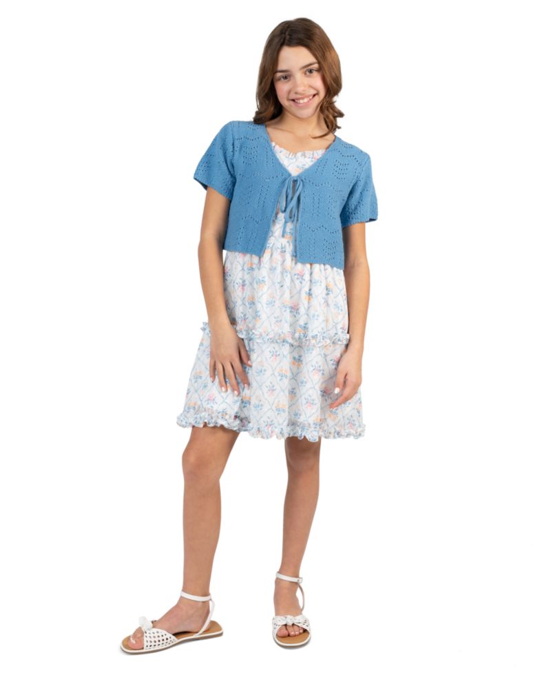 Girls' 7-16 Short-Sleeve Cardigan and Dress, 2-Piece Set