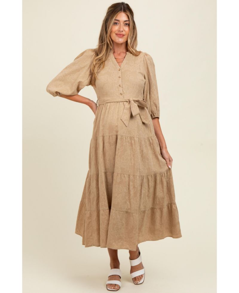Women's Forest Green Floral Jacquard Button Front Tiered Dress
