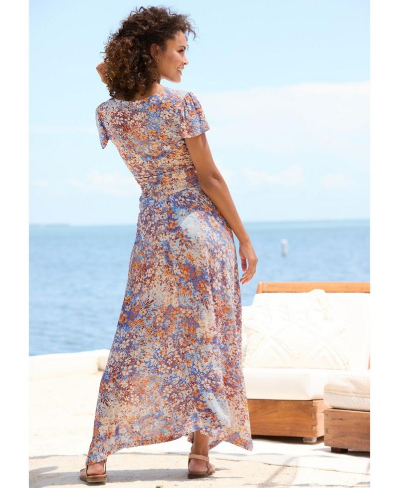 Women's Viscose Floral Print A-Line V-Neck Smocked-Waist Maxi Dress