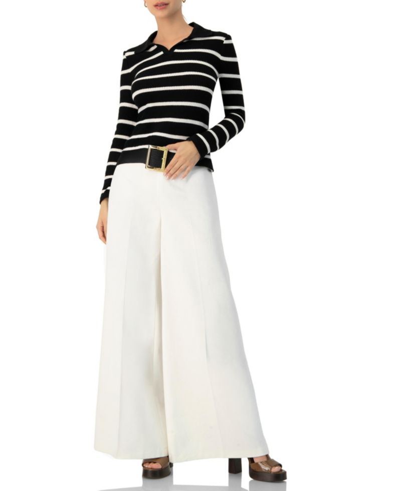 Women's Knitted Striped Long Sleeve Polo