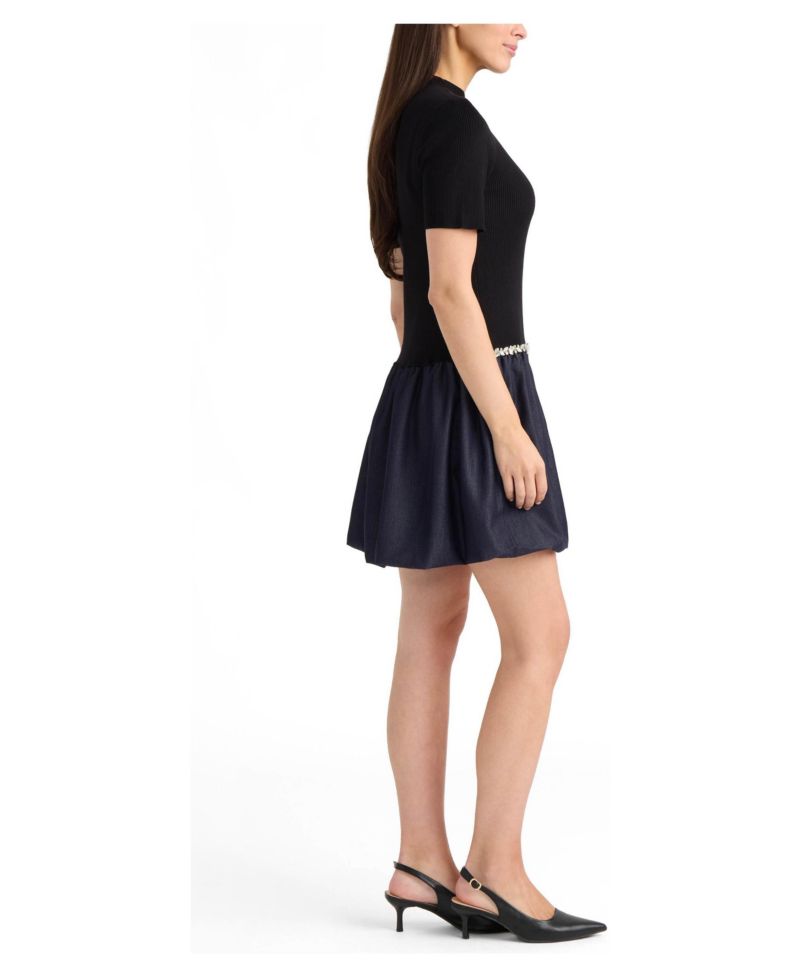 Women's Twofer Mock Neck Short Sleeve Bubble Skirt Mini Dress