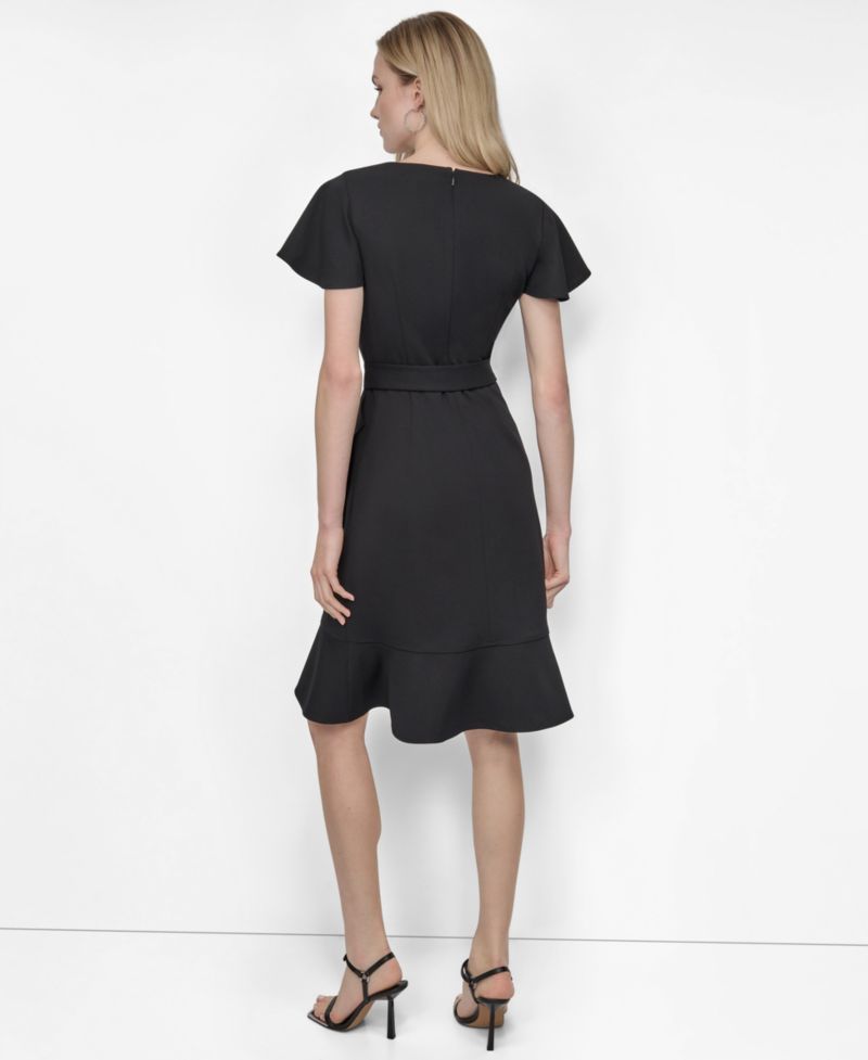 Women's Flutter Short-Sleeve V-Neck Faux-Wrap Dress