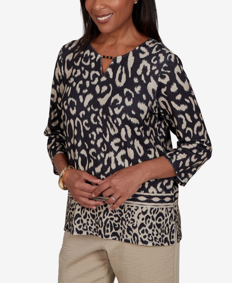 Women's Travel Advisory Animal Print Split Neck Knit Top