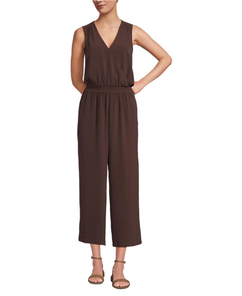Petite Sleeveless Creaseless Wrap Jumpsuit with Smocked Waist