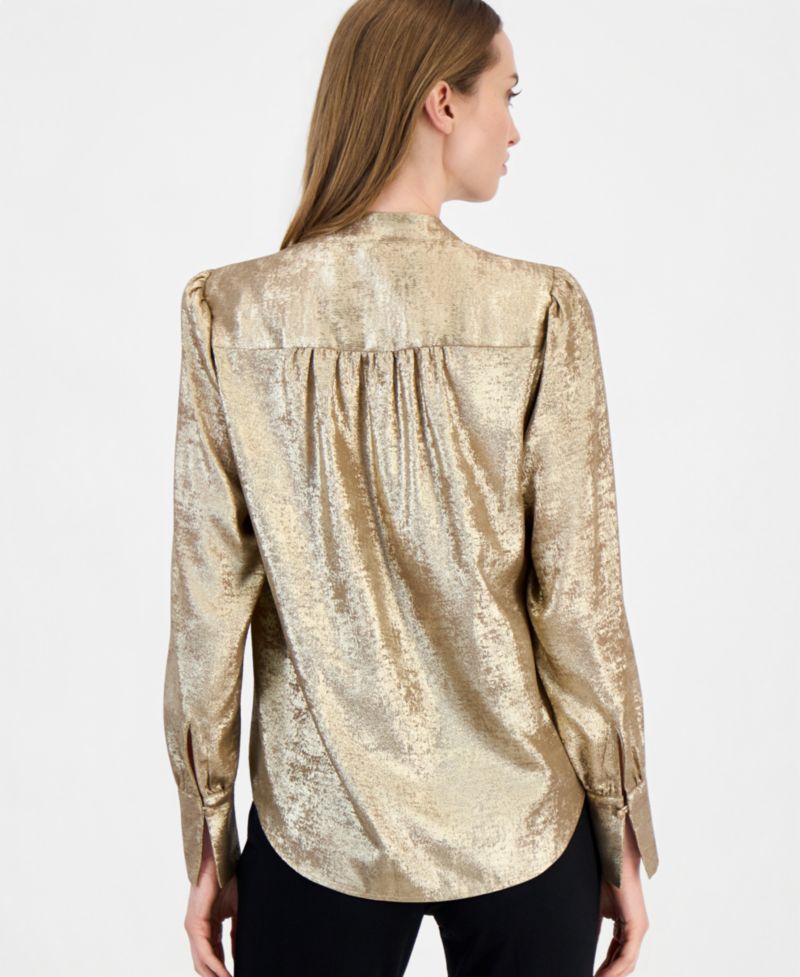 Women's Shimmer Pleat-Front Long-Sleeve V-Neck Blouse