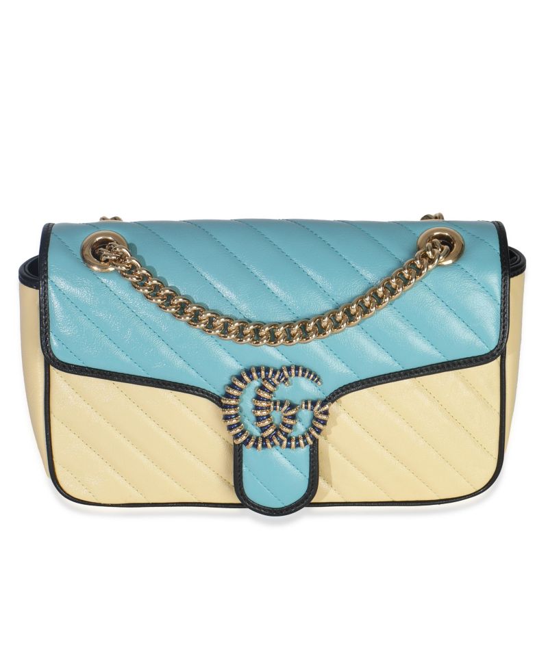 Blue Yellow Calfskin Matelasse Diagonal Torchon Small GG Marmont Bag