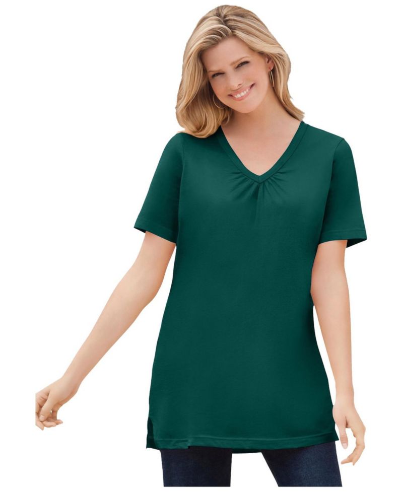 Plus Size Perfect Short-Sleeve Shirred V-neck Tunic
